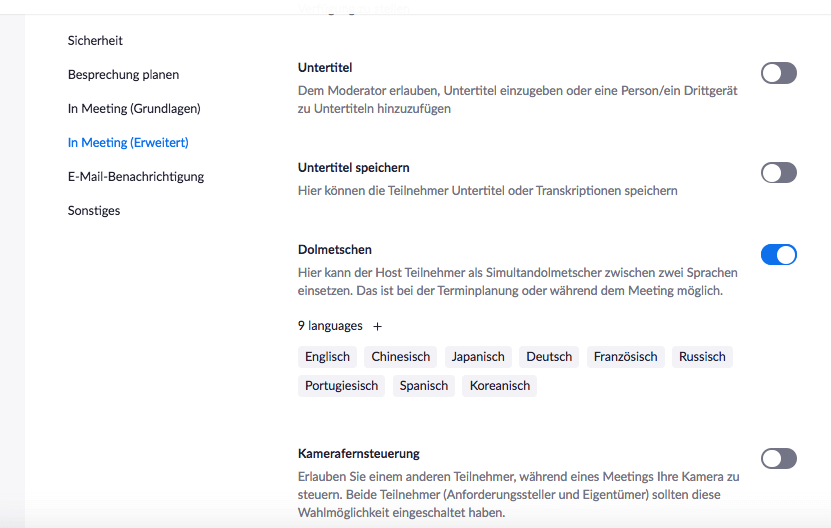 Bildschirmfoto Aktivierung Dolmetschen im Konto
