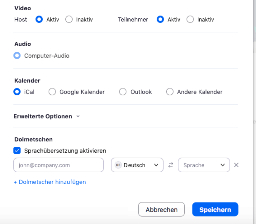 Screenshot Meeting mit Dolmetschen planen